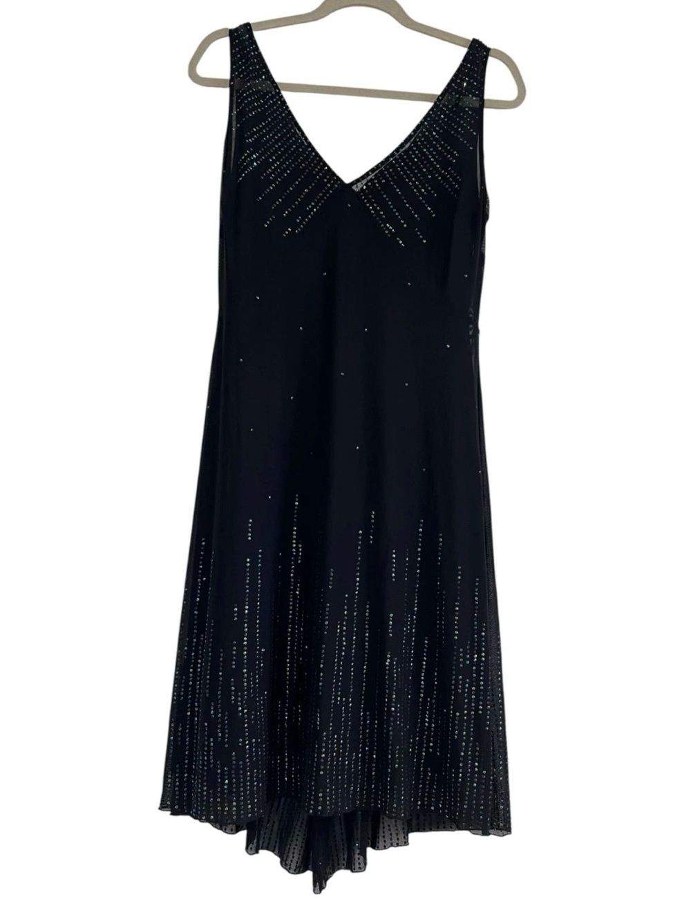 Y2K Amanda Smith Black Beaded Mesh Dress 4P Iridescent V-Neck Fairy Gatsby Chic.